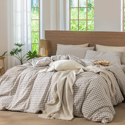 MooMee Gingham Duvet Cover Set 100% Washed Cotton Linen Like Textured Breathable Durable Soft Comfy Modern Checkered Design (Tannish Linen Grey Gingham, Palatial King/Oversized King 120"x98")
