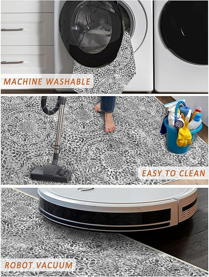 vivorug 5x7 Area Rugs - Ultra-Thin Washable Rug with Non-Slip Backing, Ideal for Living Room, Bedroom, Kitchen Floor Carpet - Vintage Medallion, Easy Clean, Durable, Grey