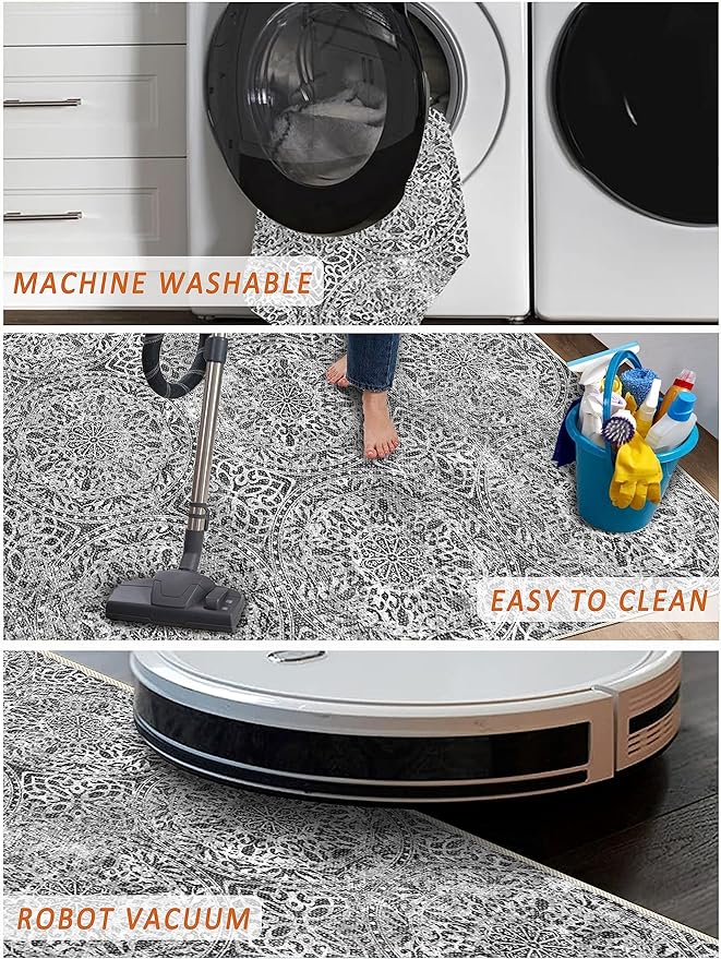 vivorug 3x5 Rug, Small Area Rug for Living Room, Bedroom, Kitchen, Machine Washable Non-Slip Throw Rug, Vintage Medallion Carpet for Entryway Nursery Coffee Table - Durable (Grey)