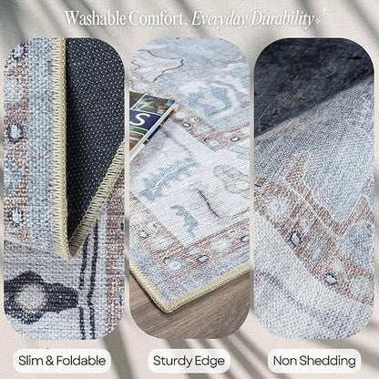 Fame Rugs Gray Modern Oushak Rug 2'6"x10, Vintage Turkish Colorful Oriental Antique Inspired Foldable Long Washable Runner Rugs, Luxury Living Room Bedroom (Gbeige, 2'6" x 10')