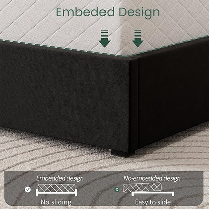 LARMACE Queen Size Bed Frame with 4 Storage Drawers and Wingback Headboard Velvet Upholstered Platform Bed Frame with Wooden Slats, Easy Assembly, Black