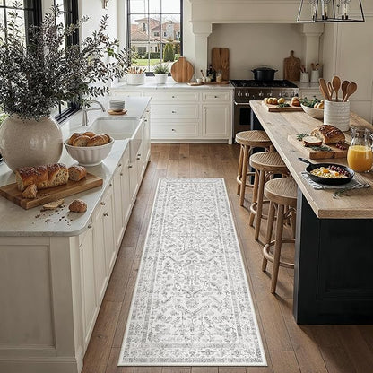 Grey 2x7 Runner Rug Vintage Area Carpet Hallway Indoor Kitchen Washable Neutral Low Pile Traditional Distressed Gray Retro Accent Throw Rug Non Slip for Laundry Bathroom Office