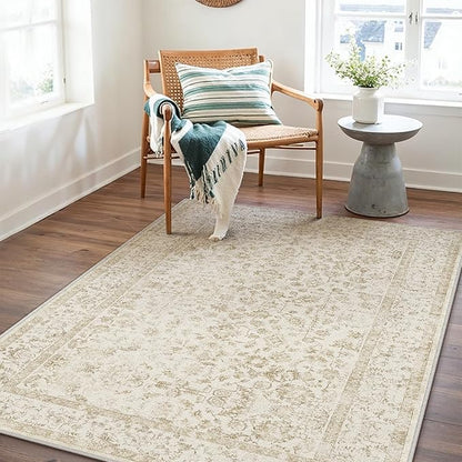 4x6 Brown Area Rug Non Slip Vintage Office Entryway Rug Distressed Machine Washable Kitchen Carpet Traditional Retro Floral Accent Throw Door Mat for Bedroom Bathroom Dining Living Room