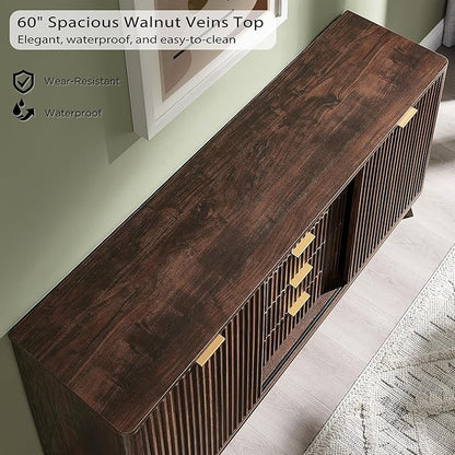 T4TREAM 60" Fluted Dresser with Sliding Doors and 4 Drawers, Modern Chest, Curved Profile Design, Dresser TV Stand, Wood Drawer Organizer for Bedroom, Living Room, Dark Walnut