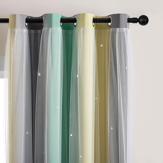 XiDi Yellow Blackout Curtains for Bedroom, Kids Room, Girls Room - Rainbow Unicorn Wall Decals, Grey Green 34X72 Inch Long