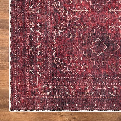 Bloom Rugs Washable Non-Slip 7 ft Runner - Dark Red Traditional Bordered Runner for Entryway, Hallway, Bathroom, and Kitchen - Exact Size: 2.5' x 7'