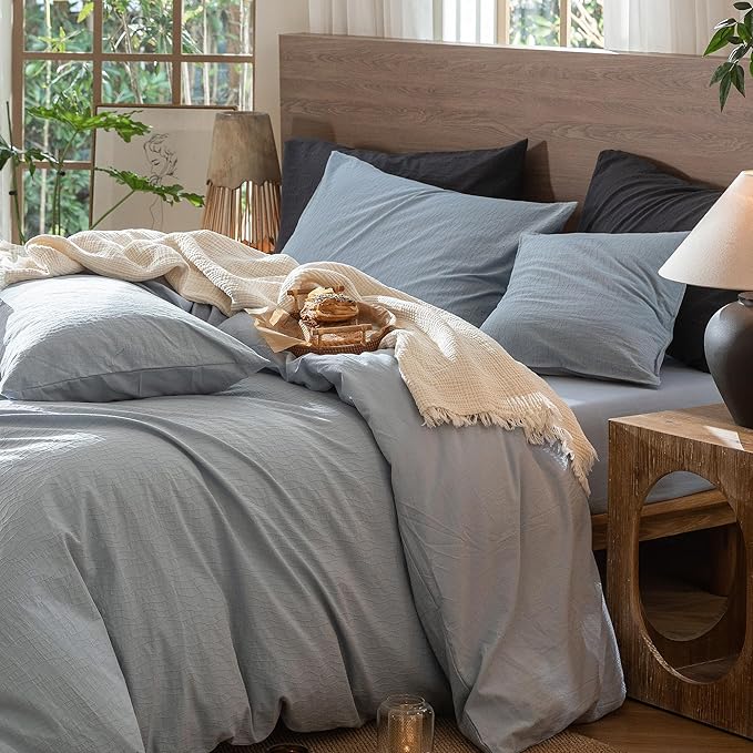 MooMee Wavy Striped Duvet Cover Set 100% Washed Cotton Linen Like Textured Breathable Durable Soft Comfy (Cornflower Blue, Queen 90"x90")