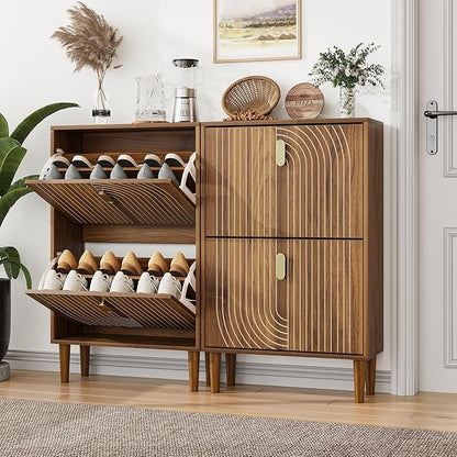 Vibe & Dine Modern Shoe Cabinet with 2 Flip Drawers & Gold Handles, Slim Space-Saving Entryway Shoe Storage Organizer, Freestanding Wood Shoe Rack Cabinet for Hallway, Bedroom, Living Room, Brown