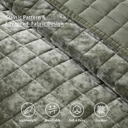 LEAONME Velvet Quilt Full/Queen Size-90''x98'', Lightweight Olive Green Velvet Comforter Set with 2 Pillow Shams, Soft Bedspread Coverlet Quilted Bedding Set for All Season