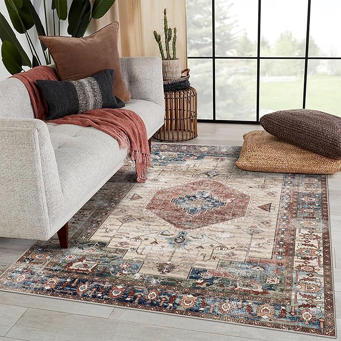 vivorug 8x10 Area Rugs for Living Room, Non-Slip Backing Washable Rug 8x10, Large Area Rug Soft Carpet for Bedroom Dining Room, Vintage, Easy Clean, Durable, Brown
