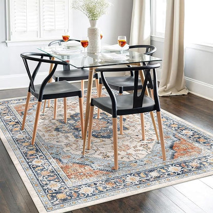 vivorug 9x12 Area Rugs for Living Room, Non Slip Machine Washable Vintage Rug, Ultra-Thin Lightweight Large Area Rug for Bedroom, Dining Room, Low Pile Rug Orange/Navy