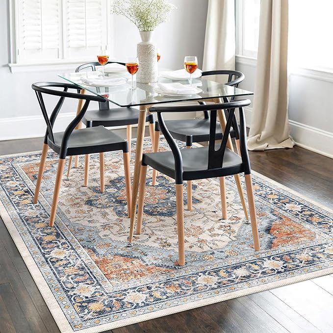 vivorug 3x5 Rug, Boho Small Area Rug for Living Room, Bedroom, Kitchen, Machine Washable Non-Slip Throw Rug, Vintage Floral Carpet for Entryway Nursery Coffee Table - Durable (Orange/Navy)