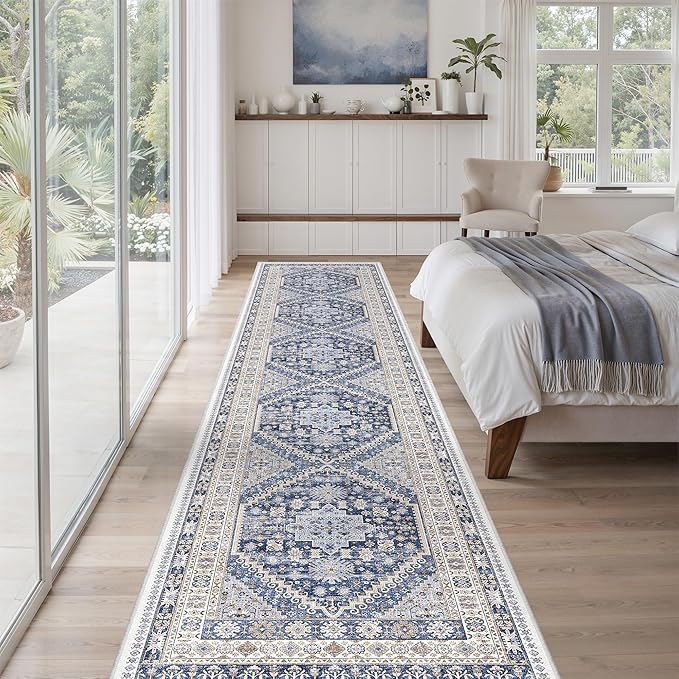 zesthome Washable Runner Rug 2.5x12 - Stain Resistant Entryway Rug,Ultra-Thin Kitchen Rugs, Anti Slip Backing Runner Rugs for Entrance Laundry Room Indoor Hallway (Blue/Beige,2.5'x12')
