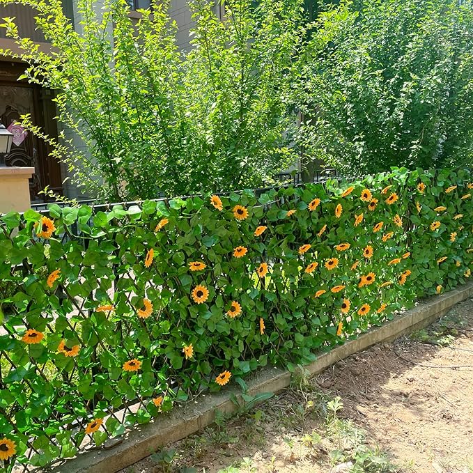 Sumery Expandable Fence Privacy Screen for Balcony Patio Outdoor,Decorative Faux Ivy Fencing Panel,Artificial Hedges (Single Sided Leaves) (4, Sunflowers)