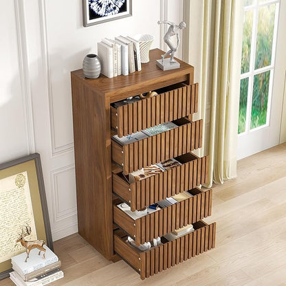 Fluted Tall 5 Drawer Dresser, Mid Century Dresser for Bedroom, 45 Inch Wood Chest of Drawers, Modern Closet Clothes Organizer, Walnut Wooden Storage for Living Room, Brown
