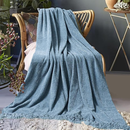 Chenille Throw Blanket for Couch 60"X 80" Twin, Soft Cozy Throws with Fringe Tassel for Bed Sofa Chair Cover, Lightweight Knitted Decorative Boho Blankets for Living Room, Dusty Blue