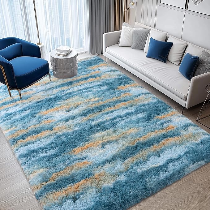 8x10 Rugs for Living Room, Soft Fluffy Blue Fuzzy Shag Large Area Rugs for Bedroom Boys Girls Kids Room Nursery Dorm Home Decor, Non-Slip Plush Shaggy Indoor Carpet