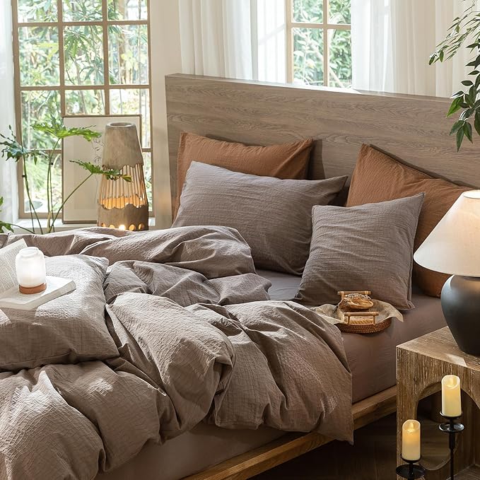 MooMee Wavy Striped Duvet Cover Set 100% Washed Cotton Linen Like Textured Breathable Durable Soft Comfy (Brown, King 104"x90")