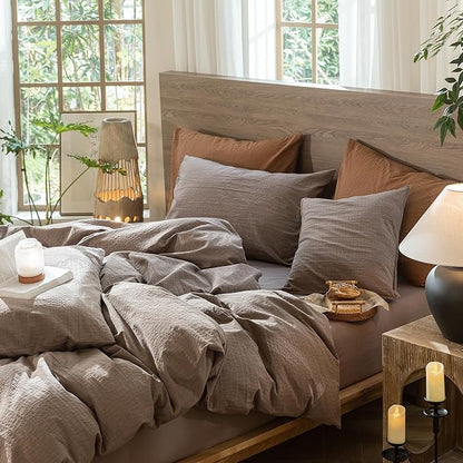 MooMee Wavy Striped Duvet Cover Set 100% Washed Cotton Linen Like Textured Breathable Durable Soft Comfy (Brown, Full 80"x90")
