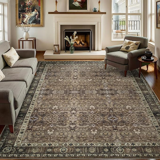 9x12 Vintage Washable Area Rug for Living Room,Low Pile Non Slip Carpet Non-Shedding Large Area Rug Soft Indoor Stain Resistant Rug Floral Print Mat for Bedroom Dining Room Brown Floral