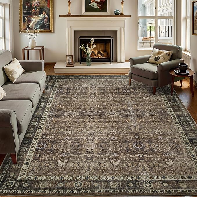 6x9 Vintage Washable Area Rug for Living Room,Low Pile Non Slip Carpet Non-Shedding Area Rug Soft Indoor Stain Resistant Rug Floral Print Mat for Bedroom Dining Room Brown Floral