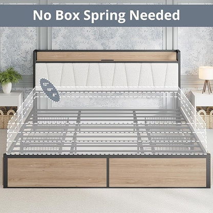 LIKIMIO King Bed Frame with 4 Storage Drawers, Platform Bed with Charged Headboard, Sturdy and Stable, No Noise, No Box Spring Needed, Easy to Install, Wood and Cream