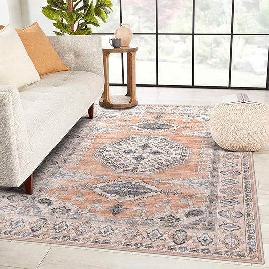 vivorug 8x10 Area Rugs for Living Room, Non-Slip Backing Washable Rug 8x10, Large Area Rug Soft Carpet for Bedroom Dining Room, Vintage, Easy Clean, Durable, Low Pile Rug, Orange
