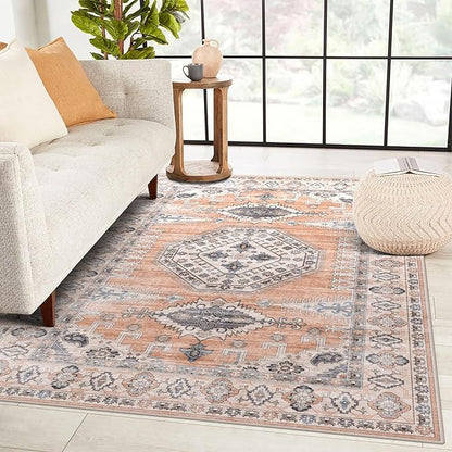 vivorug 9x12 Area Rugs for Living Room, Non Slip Machine Washable Vintage Rug, Ultra-Thin Lightweight Large Area Rug for Bedroom Nursery Dining Room, Low Pile Orange