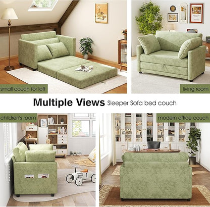 51" Loveseat Sleeper Sofa Bed, Chenille Convertible Floor Sofa Bed for Small Spaces, Folding Couch Bed with Deep Seat, 2 Pillows & Solid Frame, Pull Out Couch for Living Room, Light Green