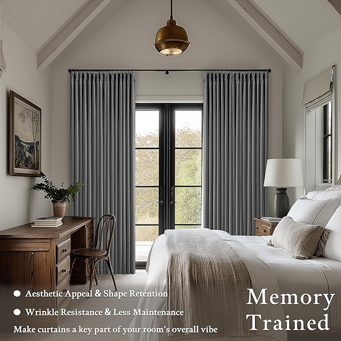 Grey Pleated Linen Blackout Curtains 80 Inches Long for Bedroom Living Room Pinch Pleat Black Out Thermal Insulated Ring Hooks Back Tab Room Darkening Drapes Charcoal Gray 80 Inch Curtains with Liner