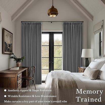 Grey Pleated Linen Blackout Curtains 80 Inches Long for Bedroom Living Room Pinch Pleat Black Out Thermal Insulated Ring Hooks Back Tab Room Darkening Drapes Charcoal Gray 80 Inch Curtains with Liner
