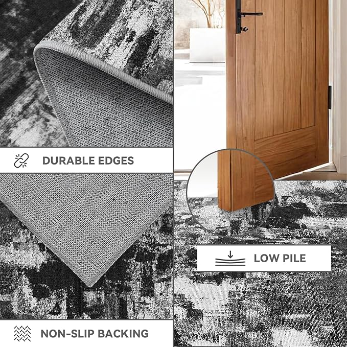 3x8 Hallway Washable Runner Rug: Extra Long Kitchen Runner Non Slip Abstract Rugs Printed Faux Wool Low Pile Soft Indoor Floor Carpet for Bedroon Dining Living Room Bathroom Black White 3x8