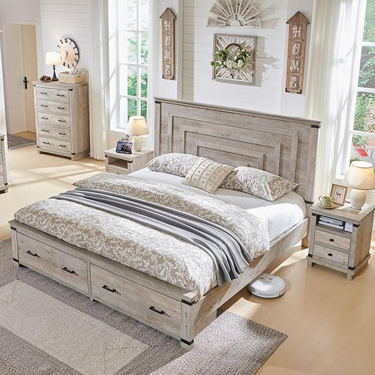 T4TREAM Farmhouse Queen Size Bed Frame with 54" Tall Geometric Headboard & 2 Large Storage Drawers, Rustic Wood Platform Bed with Wood Slats Support, No Box Spring Needed, Light Rustic Oak