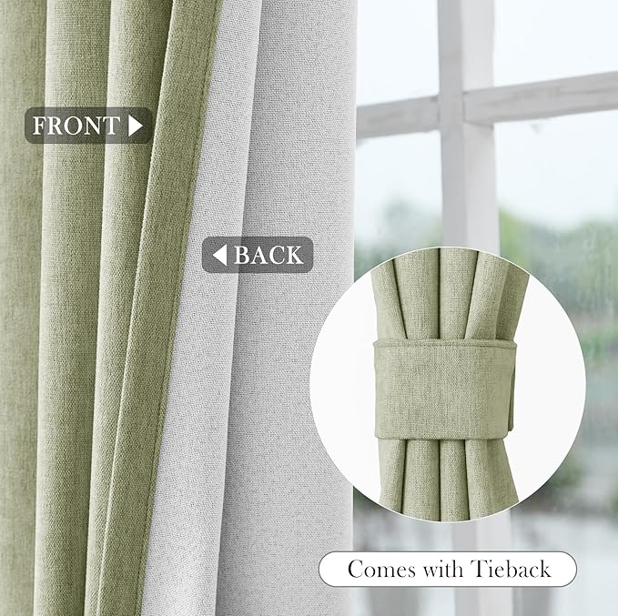 Macochico 100% Blackout Chenille Curtains Thermal Insulated Noise Reducing Velvet Draperies for Living Room Bedroom Hotel Green Tint Blackout Curtains Grommet Top with Tieback 84" Wx84 L 1 Panel