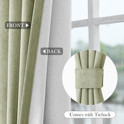 Macochico 100% Blackout Chenille Curtains for Sliding Door Thermal Insulated Noise Reducing Drapery for Living Room Bedroom Hotel, Grommet Curtains with Tieback, Green Tint, 120" Wx96 L 1 Panel
