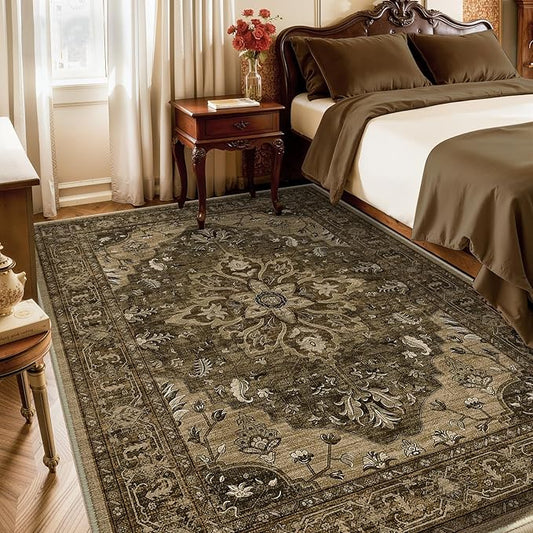 Area Rugs 3'x5' Washable Non-Slip, Floral Vintage Distress Print Pattern Medallion Carpet for Living Room Bedroom Dining Room, Brown Dark Brown