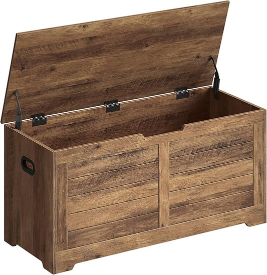 VASAGLE Storage Chest, Storage Bench with 2 Safety Hinges, Farmhouse Style, 15.7 x 39.4 x 18.1 Inches, for Entryway, Bedroom, Living Room, Honey Brown ULSB061K01