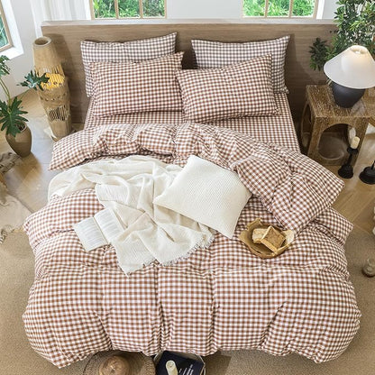 MooMee Gingham Duvet Cover Set 100% Washed Cotton Linen Like Textured Breathable Durable Soft Comfy Modern Checkered Design (Dark Orange Gingham, Oversized Queen 98"x98")