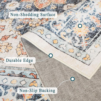 vivorug 3x5 Rug, Boho Small Area Rug for Living Room, Bedroom, Kitchen, Machine Washable Non-Slip Throw Rug, Vintage Floral Carpet for Entryway Nursery Coffee Table - Durable (Orange/Navy)