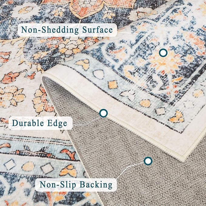 vivorug Boho Runner Rug 2x10 Machine Washable Rug with Non-Slip Backing, Ideal for Kitchen Hallway Entryway Laundry Room - Vintage, Durable, Easy Clean, Low Pile Carpet Runner Orange/Navy