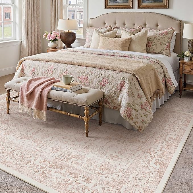 Pink Area Rug 6x9 Machine Washable Vintage Living Room Distressed Non Slip Carpet Traditional Indoor Bedroom Retro Floral Accent Throw Large Rug for Office Kitchen Dining Room