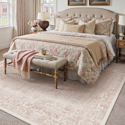 Pink Area Rug 6x9 Machine Washable Vintage Living Room Distressed Non Slip Carpet Traditional Indoor Bedroom Retro Floral Accent Throw Large Rug for Office Kitchen Dining Room