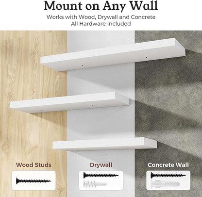 Floating Shelves for Wall, 9.3" Deep Wall Mounted Wood Shelves for Bathroom, Bedroom, Living Room, Kitchen, Hanging Shelf for Books/Storage/Room Decor (White, 24")