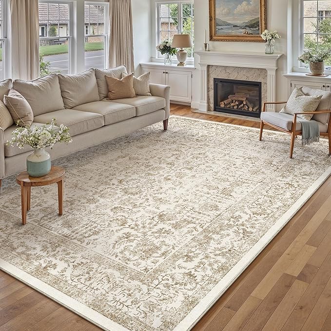 Light Brown Area Rug 10x14 Machine Washable Large Vintage Living Room Distressed Non Slip Carpet Traditional Indoor Bedroom Retro Floral Accent Throw Rug for Office Kitchen Dining Room