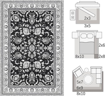 Area Rugs 5x7 Machine Washable Floral Rug Non Silp Faux Wool Vintage Soft Black Carpet for Living Room Dinning Room Bedroom Rug Under Bed Floor | Black White