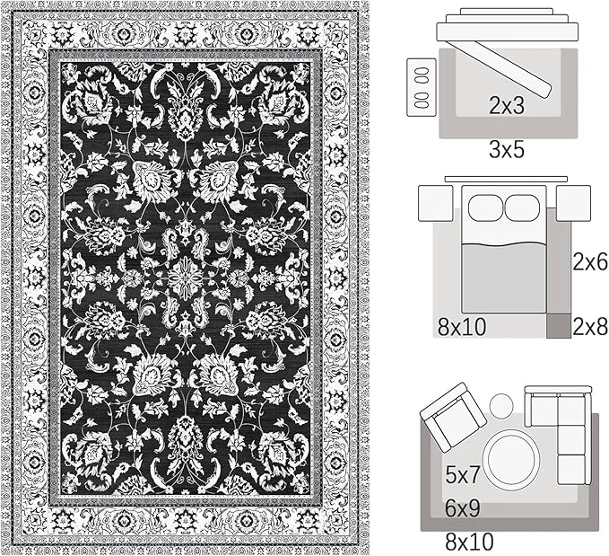 Machine Washable Area Rugs, Vintage Soft Rugs for Living Room Non Slip Large Area Rug 6x9 Carpet for Bedroom Under Bed/Dining Table Home Office | Black White