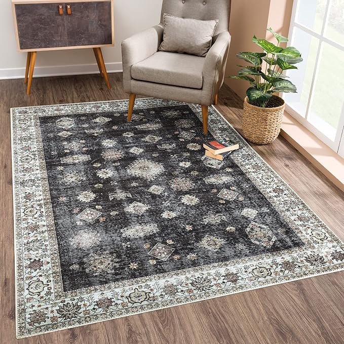 Bloom Rugs Washable Non-Slip 2' x 3' Rug - Black/Ivory Traditional Oriental Area Rug for Living Room, Bedroom, Dining Room, and Kitchen - Exact Size: 2' x 3'