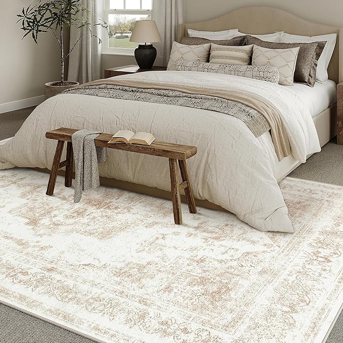 Area Rug 8x10 Cream Washable Living Room Beige Carpet Non Slip Vintage Medallion Indoor Bedroom Beige Carpet Low Pile Soft Retro Distressed Large Rug Home Office Dining Room Playroom