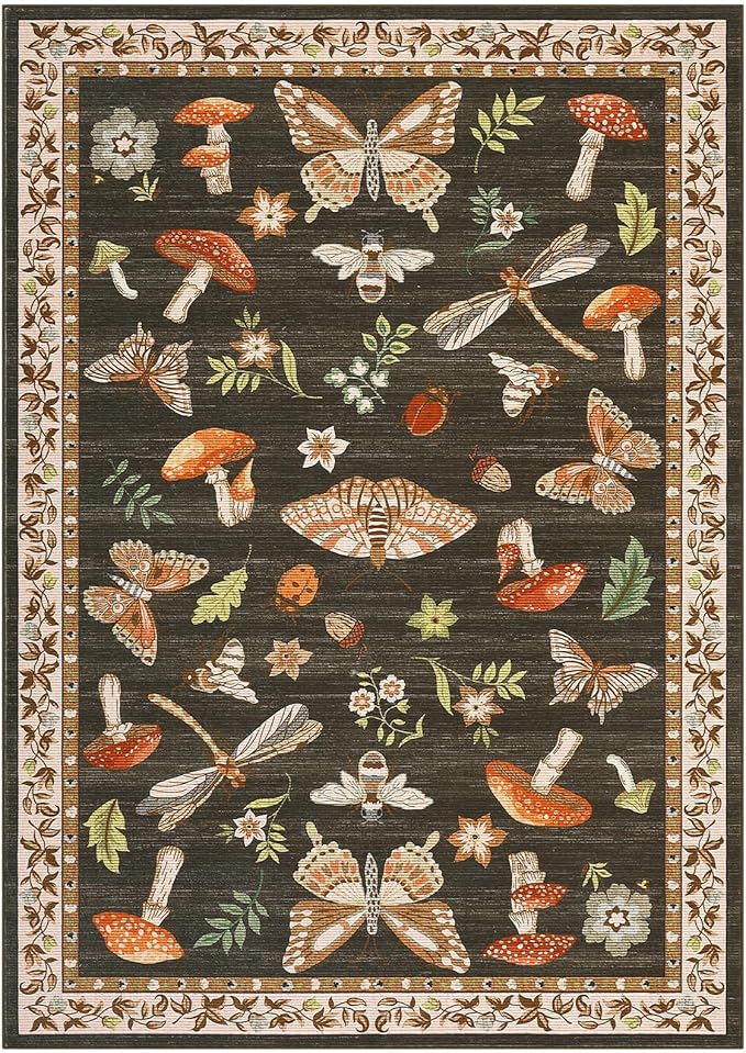 Mushroom Washable Rug 9x12 Area Rugs for Living Room, Insect Print Rug for Bedroom, Non Slip Throw Rugs with Rubber Back, Soft Low Pile Dining Room Under Table, Brown