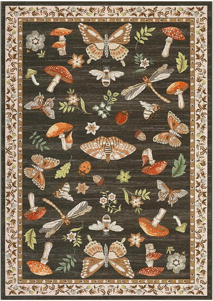 Mushroom Washable Rug 9x12 Area Rugs for Living Room, Insect Print Rug for Bedroom, Non Slip Throw Rugs with Rubber Back, Soft Low Pile Dining Room Under Table, Brown